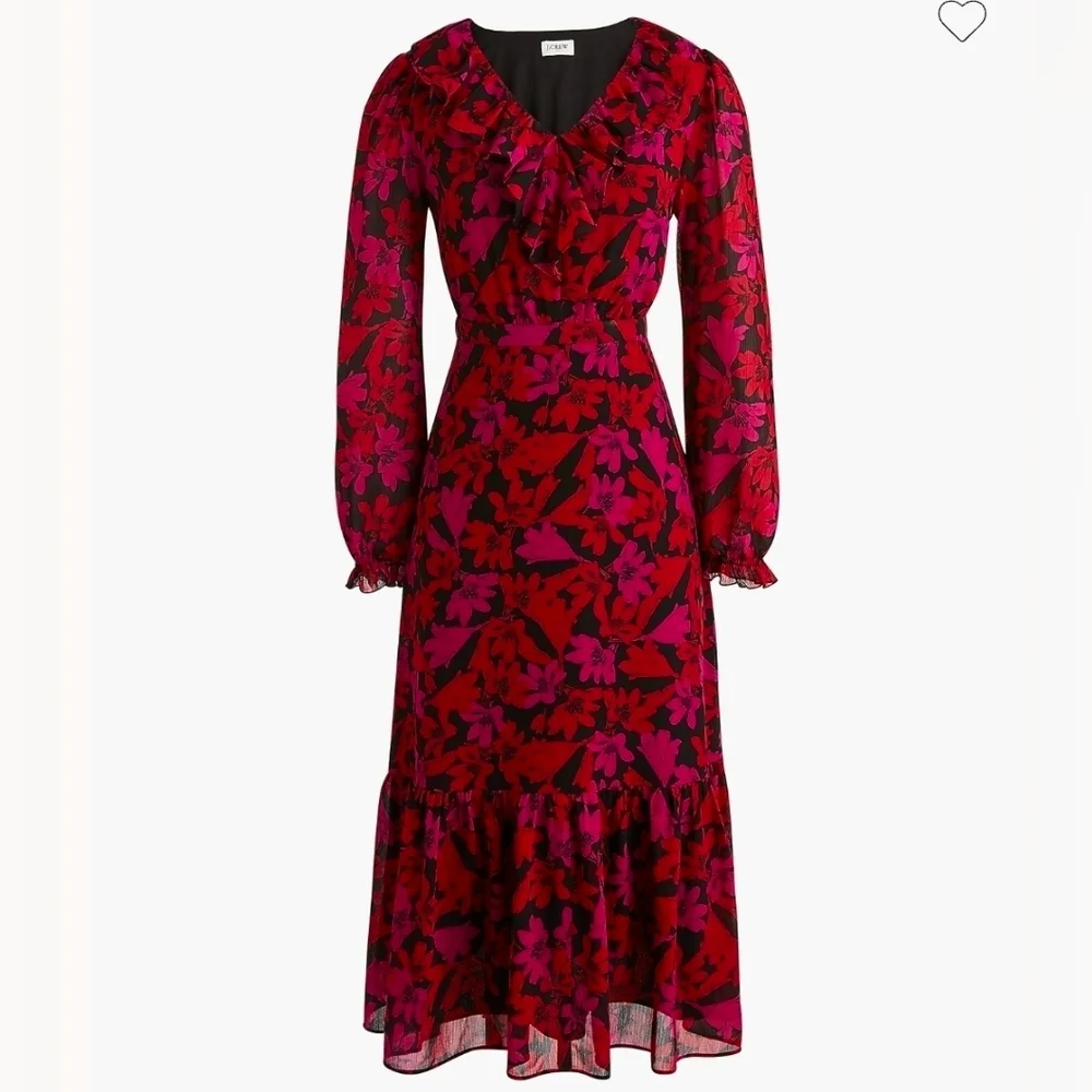 J. Crew Red and Pink Floral Long Sleeve Dress